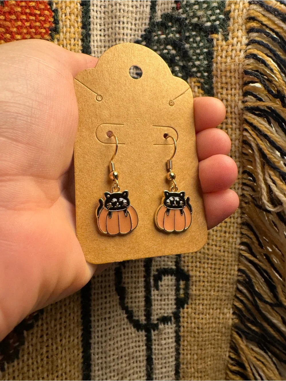 Black Cat Pumpkin Drop Earrings in Orange and Gold
